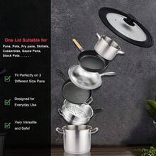 Universal Lid For Pots, Pans And Skillets - Tempered Glass Pan Lid With Heat Resistant Silicone Rim, Multi-Sizes  Pot Lids Fits 8", 9" And 9.5" Diameter Cookware, Dishwasher-, Black - 8 + 9 + 9.5 Inch - View 3