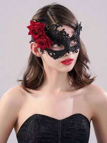 女士性感高端蕾丝面具，万圣节化妆舞会半脸玫瑰面具，主题派对蝴蝶羽毛眼罩，情侣镂空蕾丝面料性感情调面具 - 黑色 - 查看 10