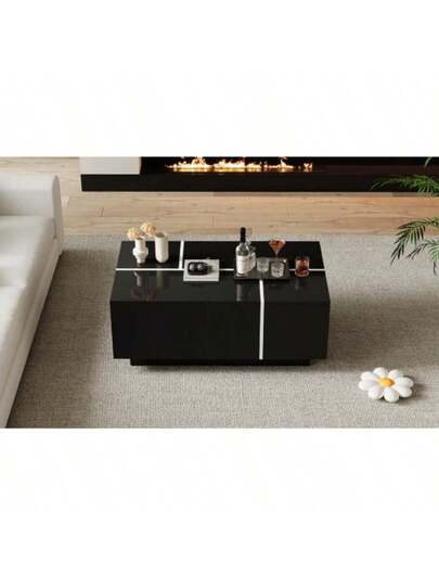 Moderne Zwart Square Coffee Table, Sofa Tafel In Patchwork High Gloss Finish, 100 60 40 Cm Living Room Four Drawers, Sliding Top, Load Capacity Up To 30 Kg view 2