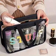 Ladies' School-Style Makeup Bag, Transparent Large-Capacity Travel Makeup Storage Pouch, Portable Toiletry Storage Bag, Machine Washable, Polyester Lining - Available In Pink Black And White