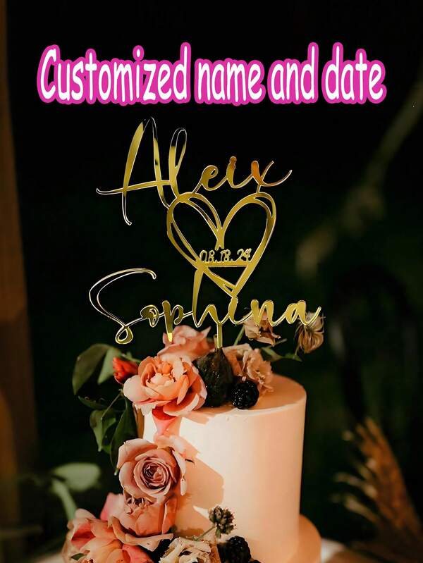 1 Pieza Personalizada Tope de Pastel de Boda con Nombre de Pareja y Fecha Tope de Pastel de Boda Personalizado Sr. y Sra. Tope de Pastel de Aniversario, Versátil, Decorativo, Reutilizable, Exquisito, Elegante, de Alta Calidad, Colorido, Moderno, Personalizado