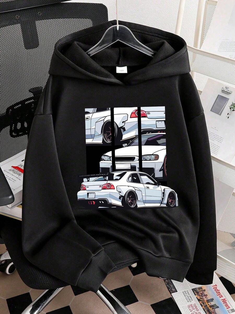 Tween Boy Cartoon Car Print Warm Sweatshirt - Black - View 1
