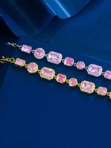 1pc Adjustable Size Sparkling Square & Round Pink Cubic Zirconia Chunky Luxury Chain Bracelet For Women, Daily, Party, Holiday Jewelry Gift