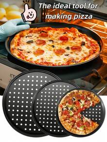 1pc/3pcs 12-Inch Black Carbon Steel Pizza Pan, Pizza Baking Tray, Non-Stick Pizza Mold, Suitable For Pizza, Cake, Bread, Roast, With Holes, Round Baking Tray, Oven Tray, Pizza Plate, Pizza Mold, Baking Set