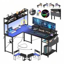 Mesa de juego pequeña en forma de L con toma de corriente, mesa LED en forma de L con soporte para monitor y estante de almacenamiento, mesa para computadora - Tipo de Enchufe B USA (110-127V) - Ver 2