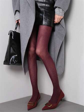 1pc Burgundy Sheer Tights For Women, High Elasticity Fashion Silver Vertical Striped Pantyhose, Sexy Jacquard Skinny Leggings, Thin Stirrup Tights