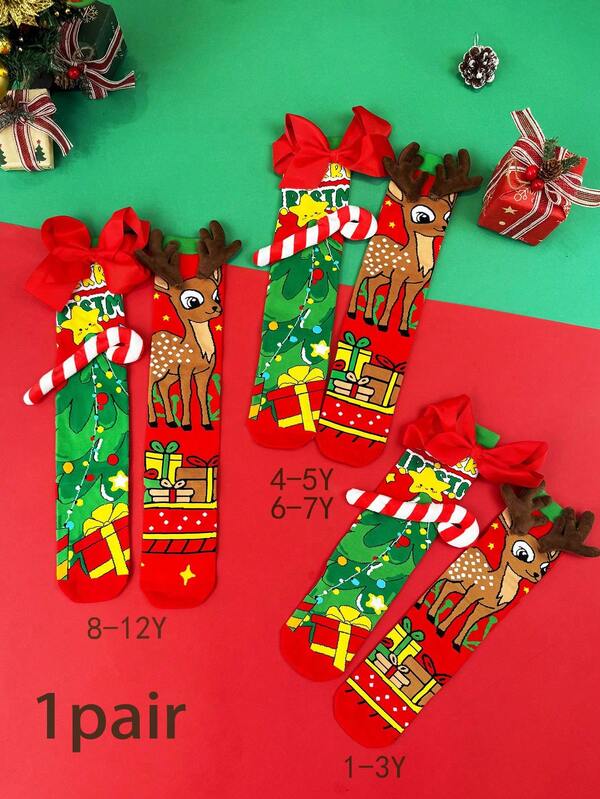 Pacote com 1 par de meias infantis acima do joelho com decoração 3D para o Natal, adequadas para roupas de Natal, festas e presentes de fim de ano.