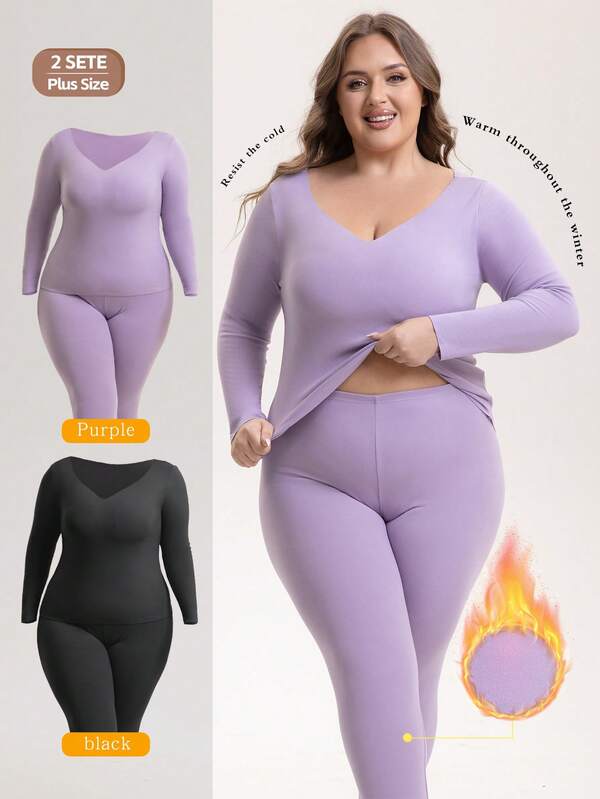2 Conjuntos, Roupa Íntima Térmica de Cor Sólida Plus Size para Mulheres, Conjunto de Roupas e Calças de Outono Plus Size em Veludo Alemão para Mulheres Gordas e Magras, Base Quente, Conjunto de Roupa Íntima Térmica Plus Size Ajustada e Quente em Veludo Alemão de Alta Elasticidade para Gordas