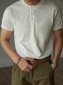 Men's Casual Henley Neck Short Sleeve Tee, Vintage Style Undershirt For Summer