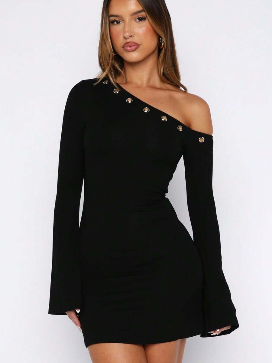 Women Long Sleeve Mini Dress Slim Sliver Eyelet Off One Shoulder Short Bodycon Dress For Daily Party Club - 黑色 - 查看 1