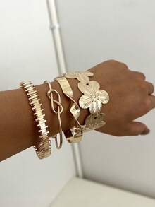 4pcs Vintage Exaggerated Floral Geometric Striped Twist Open Cuff Bracelet Set, Suitable For Women's Daily Wear, Gift, Stackable - Golden 22 - View 6