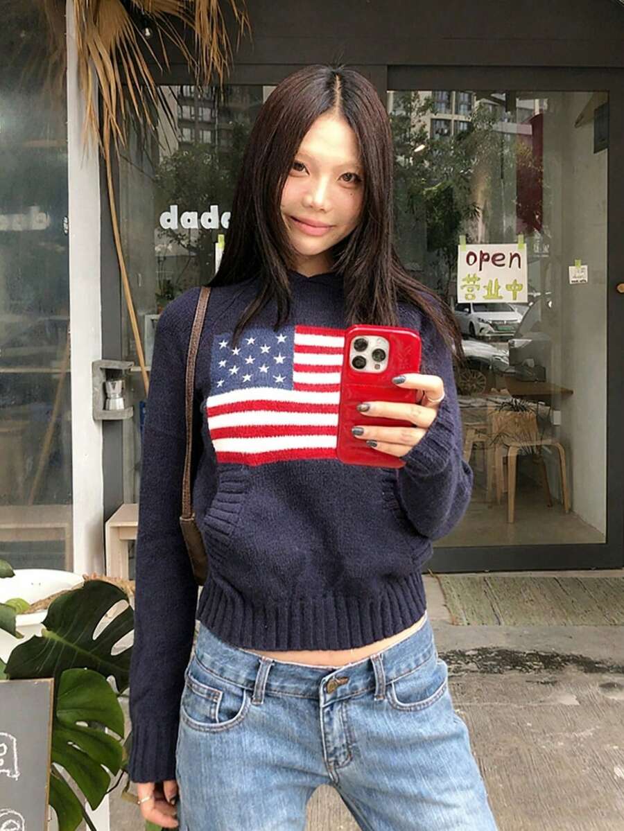 复古美国国旗图案宽松圆领套头针织毛衣 - 藏藍 - 查看 1