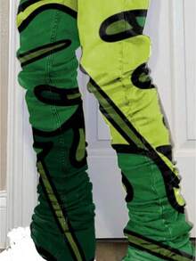 Street-Style Cartoon Graffiti-Printed Graphic Jeans Men's Hip-Hop Style Straight Stretch Casual Pants - 草綠色 - 查看 2