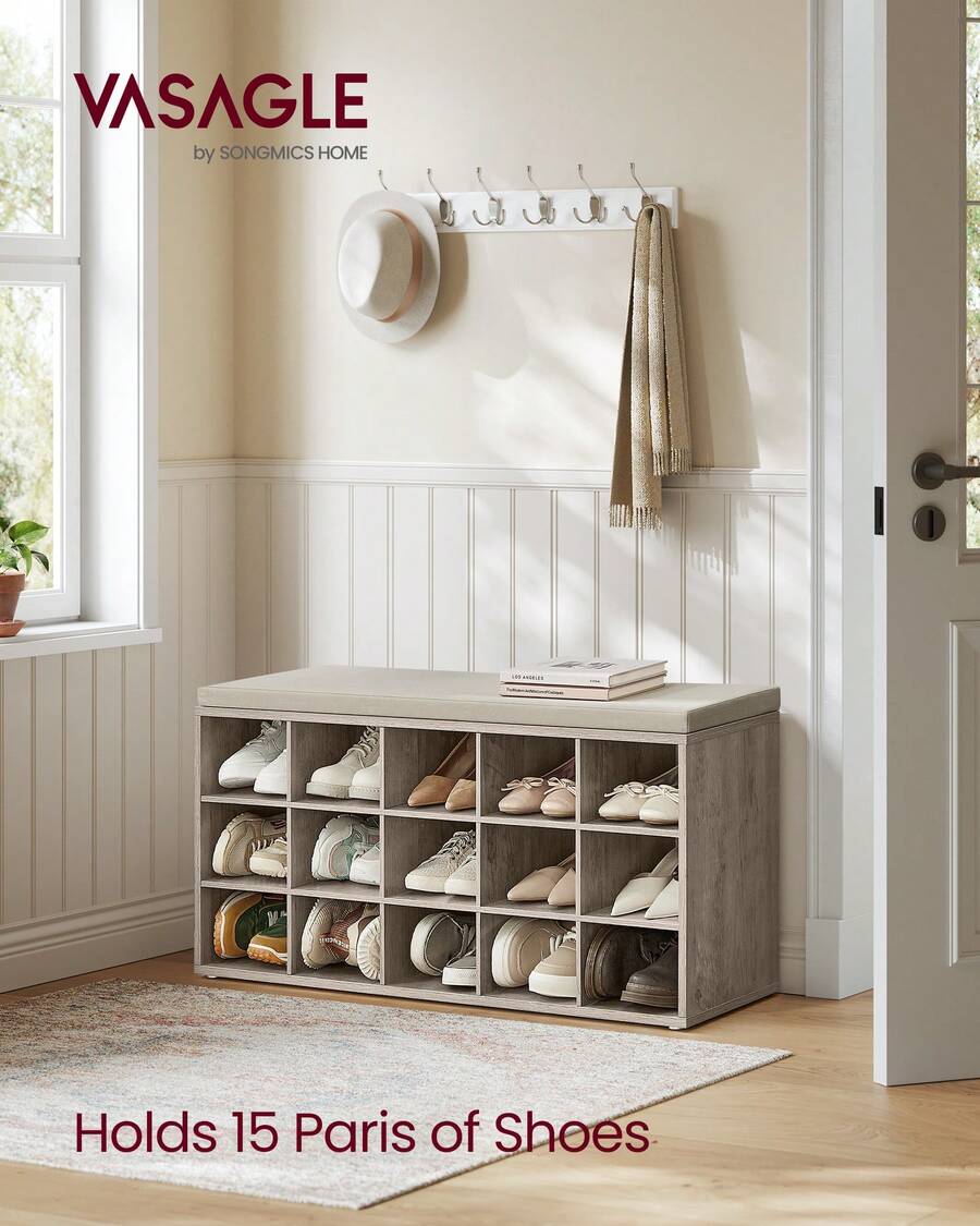 VASAGLE Banco con cojín para zapatos, banco de almacenamiento con asiento acolchado, banco de entrada con 15 compartimentos, para dormitorio, 30 x 105 x 48 cm - Gris jaspeado y beige capuchino - Ver 1