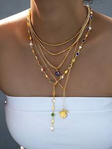 2 件时尚简约优雅波西米亚邪眼水钻 Y 形链项链套装，适合约会、派对、舞会、生日、日常佩戴 - 金黃色 - 查看 7