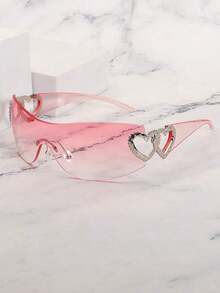 1pc Frameless Metal Heart Decor Y2K Style Fashion Glasses Women, Suitable Beach Party,, Vacation Shades Heart Street Y2k Style Oversized Wrap Frame Music Festival Preppy Style Back To School - 透明粉 - 查看 1