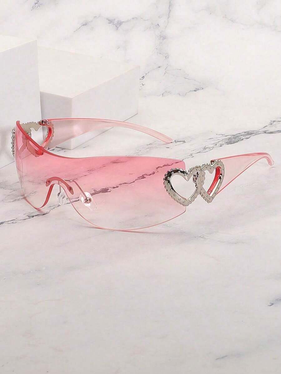 1pc Frameless Metal Heart Decor Y2K Style Fashion Glasses Women, Suitable Beach Party,, Vacation Shades Heart Street Y2k Style Oversized Wrap Frame Music Festival Preppy Style Back To School - 透明粉 - 查看 1