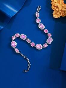 1pc Adjustable Size Sparkling Square & Round Pink Cubic Zirconia Chunky Luxury Chain Bracelet For Women, Daily, Party, Holiday Jewelry Gift