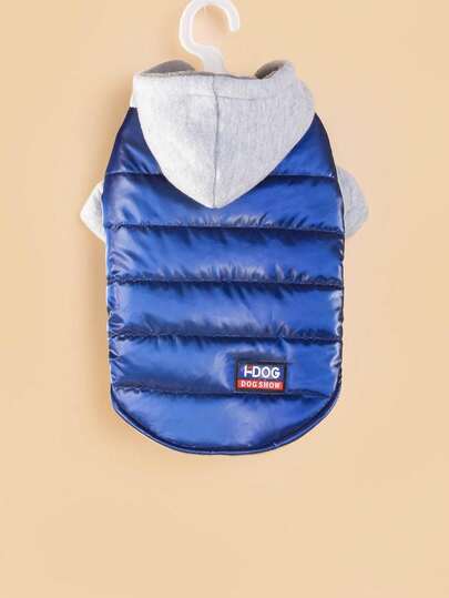 FDOG 1pc Blue Hooded Contrast Color Warm Pet Cotton Coat, Suitable For Cats And Dogs Outdoor Use In Autumn/Winter