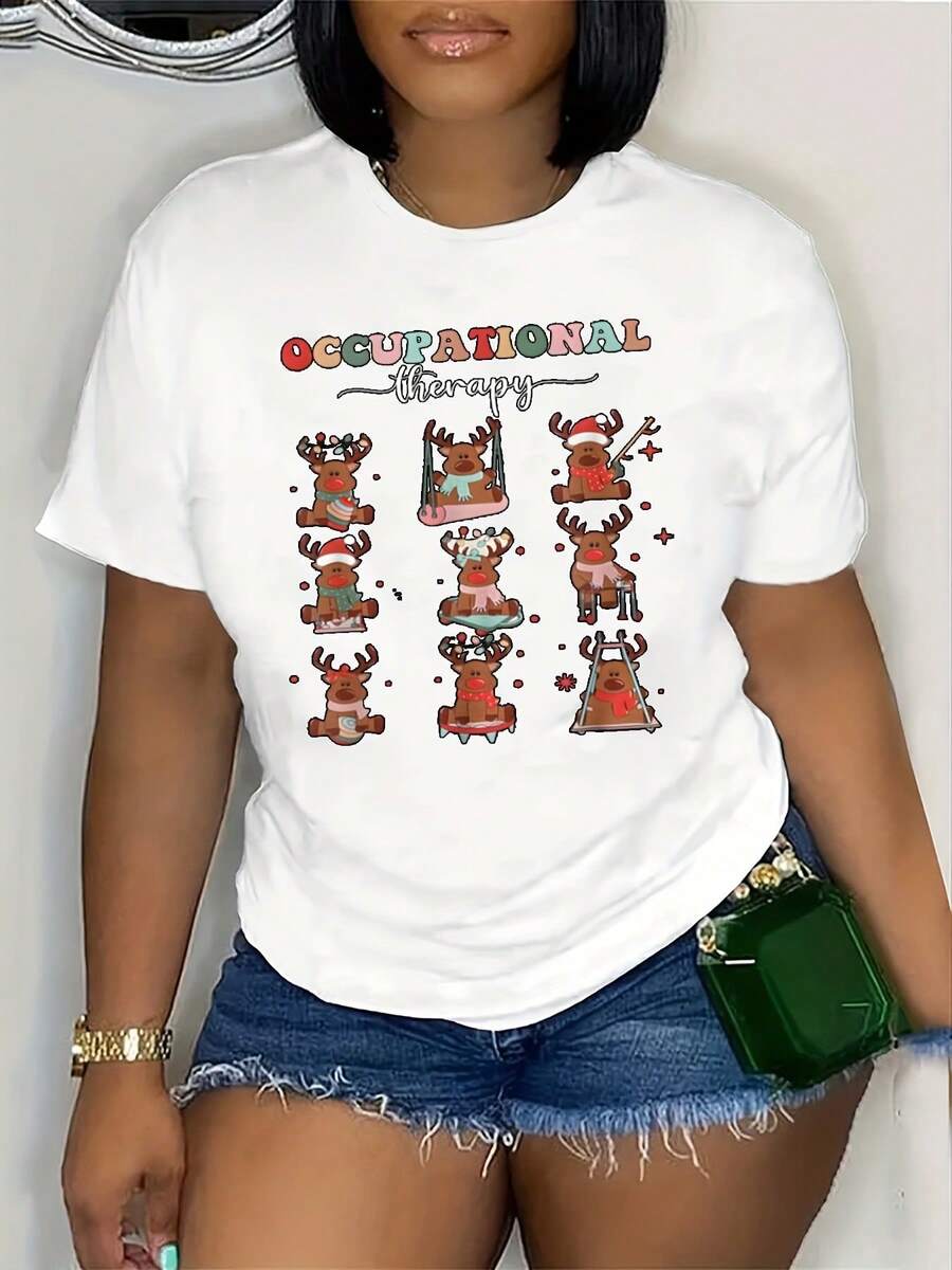 Women's Plus-Size Christmas T-Shirt - Featuring A Themed Print, A Stylish And Casual Round Neck Short-Sleeved T-Shirt With An Elasticated Crew Neck, Machine Washable, Suitable For Spring, Summer, And Autumn, Perfect For Gifts, Perfect For Holidays, Birthdays, Holidays, And Family Gatherings.