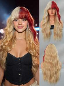 7JHH WIGS Long Wave Blonde & Red Highlight Wigs For Women - Loose Fluffy Wavy Curly Wig With Bangs, Full Machine High Density Synthetic Heat Resistant Fiber Hair, Exaggerated Style Anime Halloween Costume Wigs For Cosplay Wear, Masquerade Ball & Music Festival Carnival Party Use 26 Inch - 挑染紅色 - 查看 2