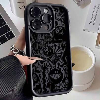 1pc Weird Matte Black Cartoon Cute Funny Goth Edgy Creative Unique Graffiti Embossed Painted Phone Case, Suitable Compatible With Apple//Redmi/Transsion/Infinix/NOTE Devices, Shock-Resistant Full-Coverage Soft Shell
