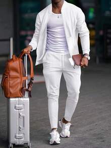 1 Set Baseball Collar Plain Long Sleeve Cardigan Jacket + Long Pants, 2pcs, Fall Clothes - White - View 8