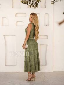 Women's Midi Dress Knit Summer Crochet Ruffles Party Beach Elegant - 橄欖綠 - 查看 5