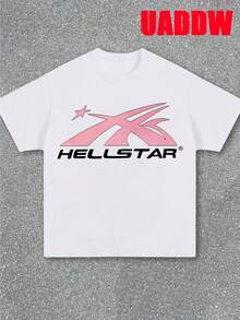 uaddw Men's Street Fashion Style Letters, Face Outline, Pink Meteor Flame Double-Sided Printing 100% Cotton Short-Sleeved Round Neck T-Shirt, Interesting Pattern Men's Clothing, Comfortable And Casual, Suitable For Going Out Tops, Back To School, Street, Daily Wear, Men Clothes - trắng - Xem 2