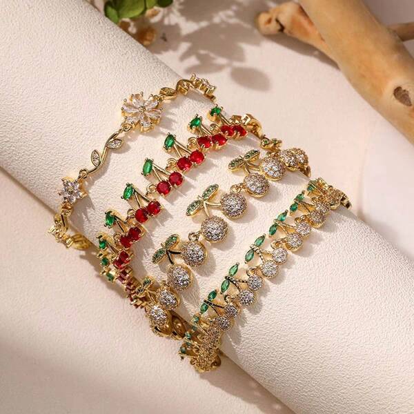 1pc Refreshing Sweet Copper Inlaid Colorful Crystal Cherry Flower Petal Layered Bracelet, Suitable As A Gift Or For Special Occasions