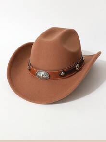 1pc Women's Fashion Solid Color Brim Felt Hat, Paired With Wide Silver Cowhead Belt Decor, Unique Western Cowboy Hat, Versatile For All Seasons, Outdoor Party & Casual Wear, Unisex