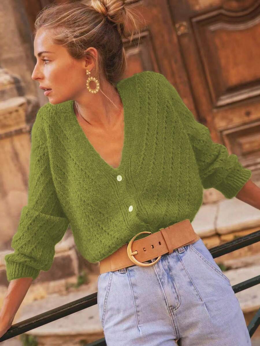 Solid Color Cardigan Long Sleeve Knit Sweater Jacket, Autumn/Winter