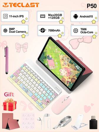  ﻿Teclast P50 New 11 Inch Android 15 Tablet (T606 8-Core,20GB(8GB+12GB Virtual) RAM,128GB ROM,1280*800 HD IPS Display,4G Dual SIM LTE, WiFi,7000mAh Battery,Type-C Charging Interface,5MP Front 8MP Back Camera )2in 1 Tablet PC,Pink Tablet Case ,With Color Keyboard &Wireless Mouse,Mouse Pad Accessories Bundle