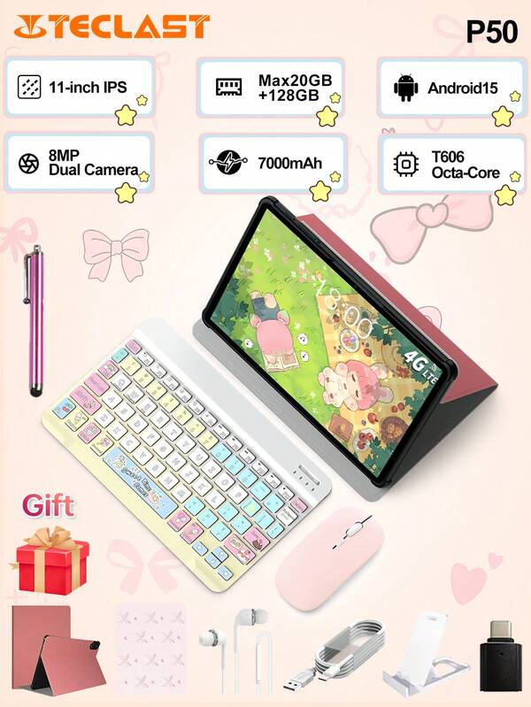 Teclast ﻿Teclast P50 New 11 Inch Android 15 Tablet (T606 8-Core,20GB(8GB+12GB Virtual) RAM,128GB ROM,1280*800 HD IPS Display,4G Dual SIM LTE, WiFi,7000mAh Battery,Type-C Charging Interface,5MP Front 8MP Back Camera )2in 1 Tablet PC,Pink Tablet Case ,With Color Keyboard &Wireless Mouse,Mouse Pad Accessories Bundle