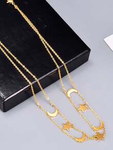 قلادة نسائية من الطبقتين بعنصر النجوم والقمر باللون الذهبي، قلادة خانق من الفولاذ المقاوم للصدأ بشكل النجوم والقمر، إكسسوار يومي متعدد الطبقات، هدية