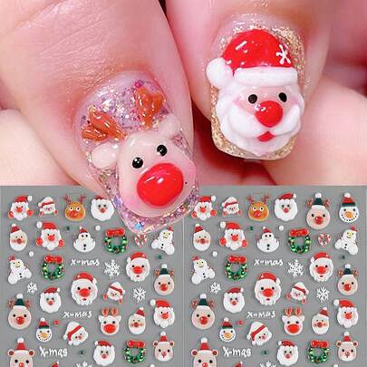 5D圣诞老人美甲贴纸 可爱麋鹿雪人雪花树卡通圣诞美甲装饰 冬季自粘美甲沙龙贴纸 美甲贴纸