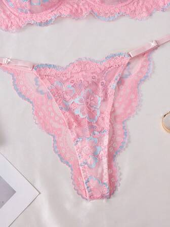 2 件套女士性感内衣套装，粉色蕾丝文胸和内裤套装，情人节浪漫贴身衣物