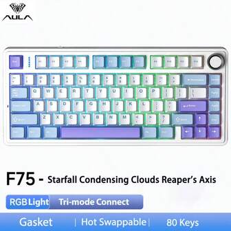 AULA F75 Bluetooth /2.4G Wireless/Wired Three-Mode Custom Mechanical Gaming Keyboard Custom Hot-Swapable PBT Gasket 75% Layout, OEM Contour Gasket Structure RGB Suitable For PC Laptop Gamers