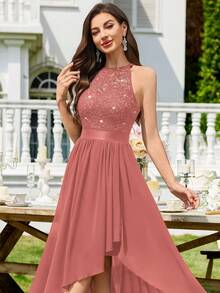 MIUSOL Vestido longo de festa de noite com decote halter, renda floral com lantejoulas e bainha assimétrica plissada, vestido assimétrico para mulher, vestido de gala formal, vestido de baile, vestido de casamento - Rosa Empoeirado - Ver 8