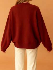 Women's Long Sleeve Sweaters Solid Color Crew Neck Loose Fit Pullover Knit Tops For Fall Winter - Burgundy - View 2