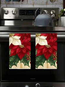 1/2/4pcs Festive Christmas Towels - Polyester, Quick-Dry & Absorbent, Machine Washable With Holiday Poinsettias & Holly Design, Perfect For Kitchen & Bathroom Decor, Ideal For Holiday Table Settings & Gifts, Holiday Table Decor | Cartoon Themed Towels | Quickdry Fabric, Christmas Towels