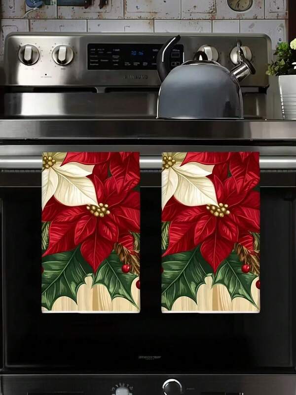 1/2/4pcs Festive Christmas Towels - Polyester, Quick-Dry & Absorbent, Machine Washable With Holiday Poinsettias & Holly Design, Perfect For Kitchen & Bathroom Decor, Ideal For Holiday Table Settings & Gifts, Holiday Table Decor | Cartoon Themed Towels | Quickdry Fabric, Christmas Towels