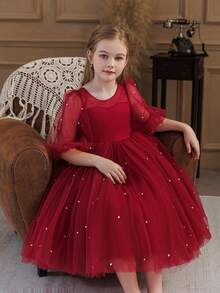 Robe élégante de Noël pour jeune fille, robe de princesse avec décoration de nœud, convient pour les petites filles pour le mariage, la fête, l'anniversaire, le banquet, les occasions formelles - Rouge foncé - Voir 7