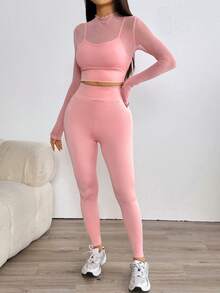 2 件性感网眼 T 恤和裤子套装，休闲运动装 - 粉色 - 查看 3