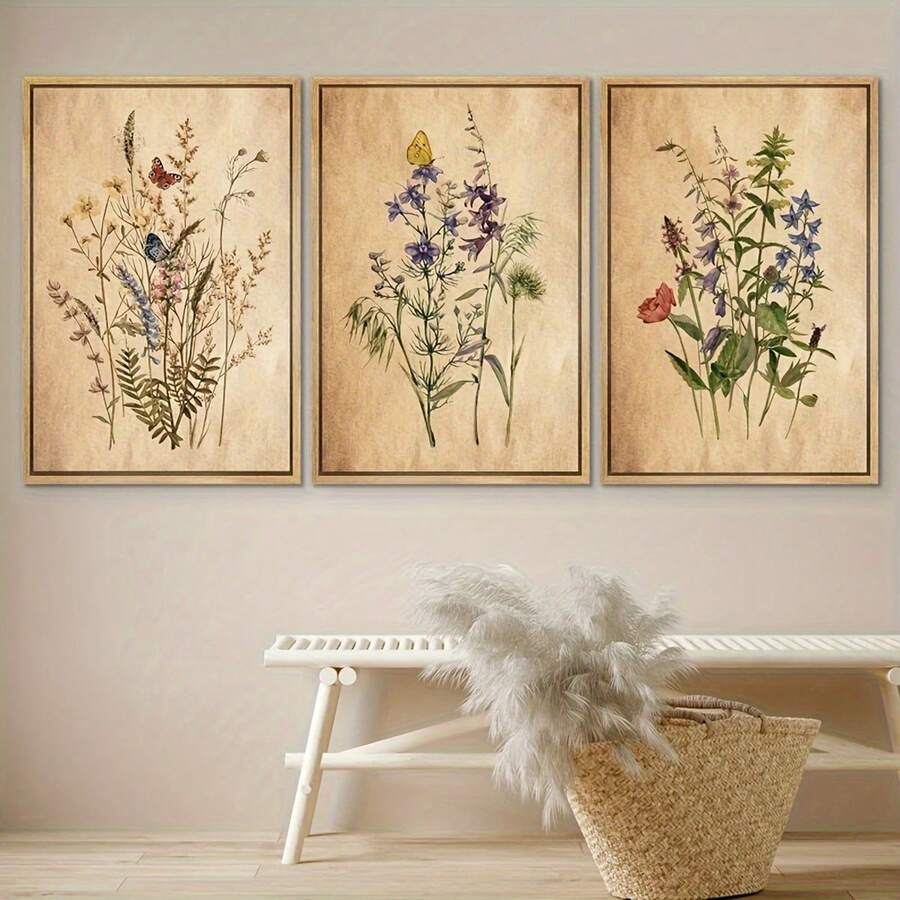 Set Of 3 Vintage Wildflower Art Prints: Modern, Frameless Decor For Your Home