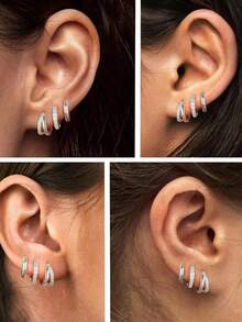6件套双层耳环，银色立方氧化锆耳夹耳环，低过敏性，适合耳骨、耳垂、耳廓及多个耳洞佩戴，适合女性和女孩 - 6pcs Set - 查看 5