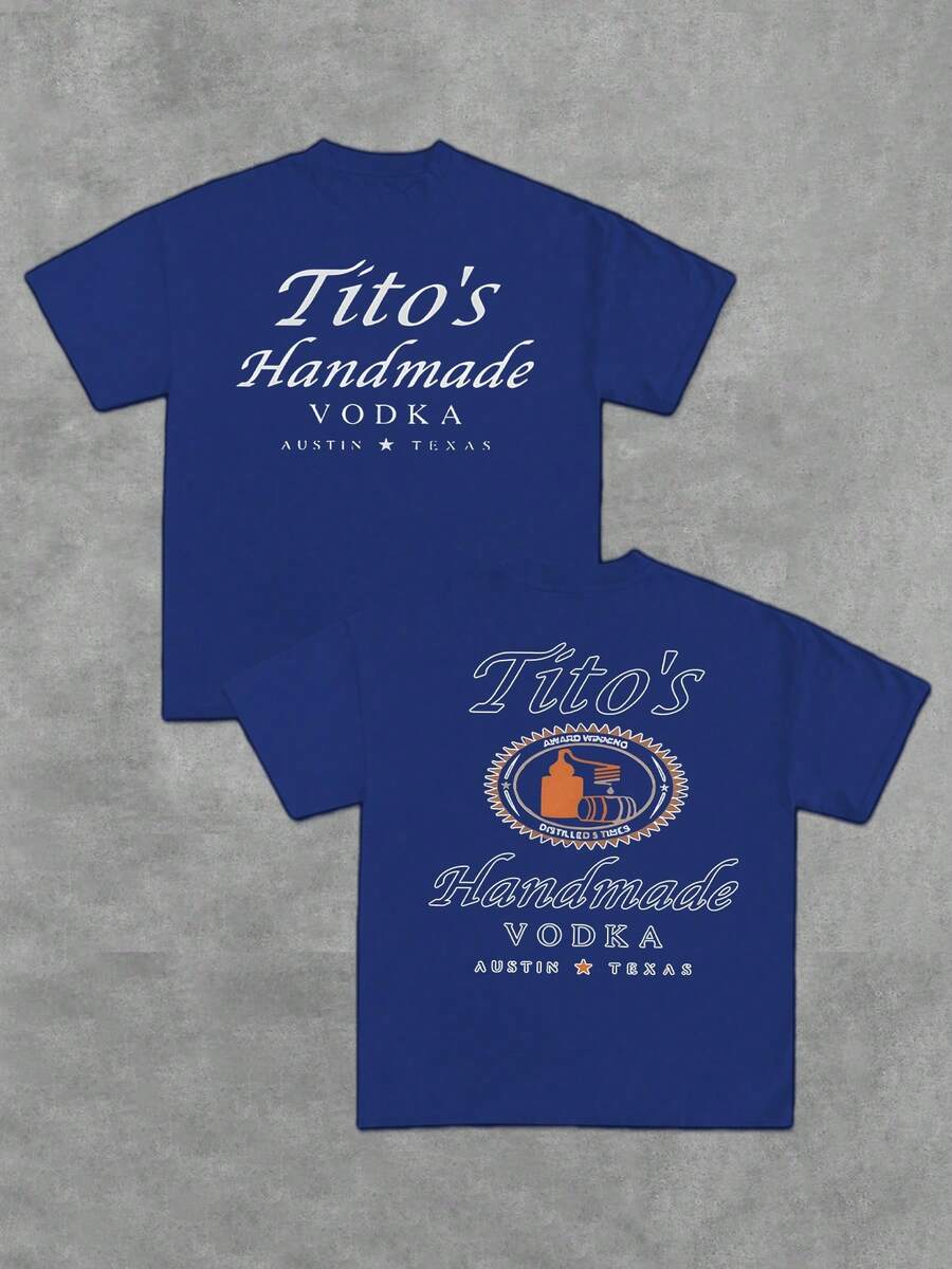 1Pcs 100% Cotton Tito's Handmade Vodka Double Sided Digital Printed TShirt Casual Graphic Tee Men's 220g Austin Texas Vodka Lover's Fashion Tee - 藍色 - 查看 1