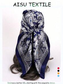 1pc Women's 90cm Paisley Printed Bandana, Simulated Silk Headband, Large Square Scarf, Versatile Hair Band And Headband, Fashion Neck Wrap, Ideal For Dressing Up Your Look, Casual Or Elegant Outfits, Daily Wear, Travel, And Chic Gift Idea - 黑色 - 查看 7