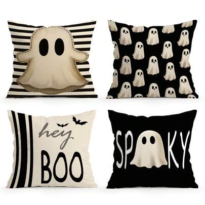 4 Stücke Halloween süßes Geist Muster Kissenbezug, einseitig bedruckter Kissenbezug, geeignet für Wohnzimmer, Schlafzimmer, Heimdekoration, ganzjährig
