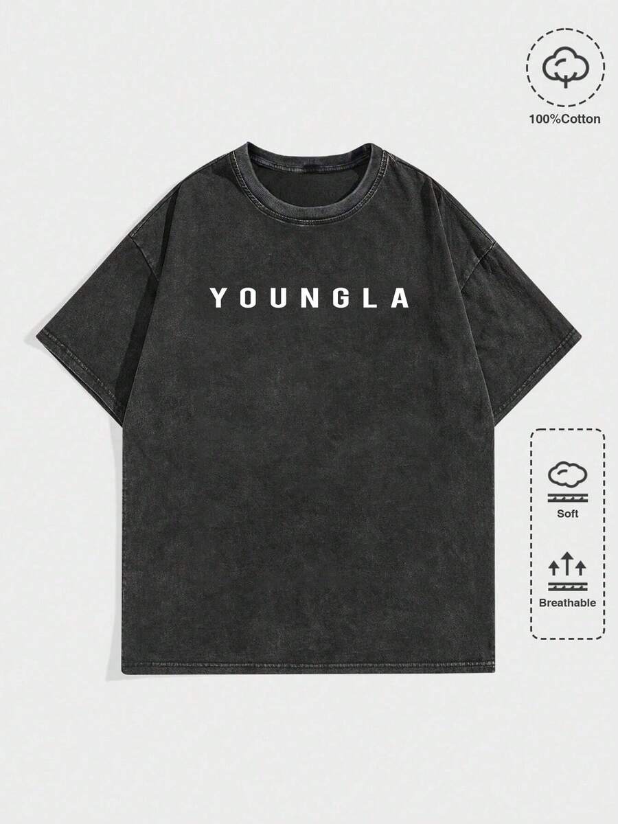 YOUNGLA Text Simple Design Graphic Tee, Streetwear Retro Washed Printed Short Sleeve T-Shirt, School, GYM T Shirt - 黑色 - 查看 1